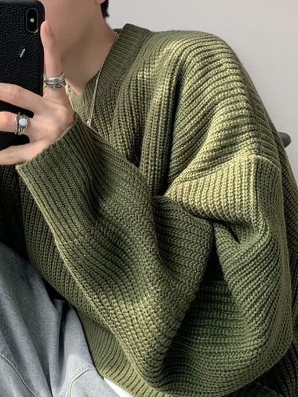 Men's Knit Solid Color Loose Sweater-1