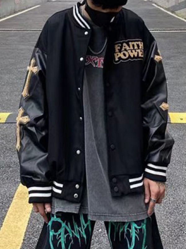 Men's Cross Embroidery Print PU Leather Patch Jacket-1