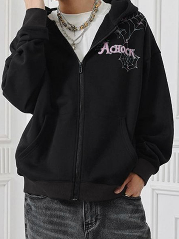 Men's Street Spider Web Print Zip Up Jacket-1