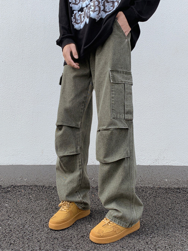 Men's Green Wash Multi Pocket Ruched Cargo Jeans-4