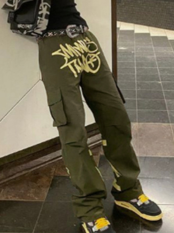 Men's Letter Print Multi Pocket Drawstring Wide Leg Pants-1