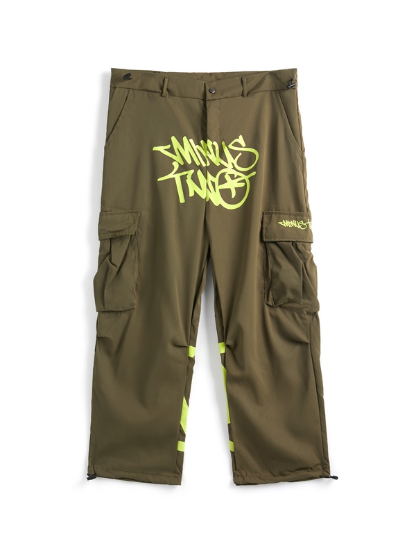 Men's Letter Print Multi Pocket Drawstring Wide Leg Pants-3