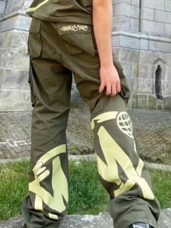 Men's Letter Print Multi Pocket Drawstring Wide Leg Pants-2