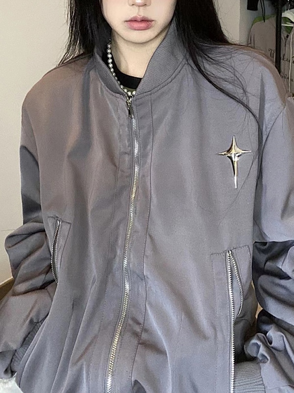 Solid Color Metal Star Decor Bomber Jacket-1
