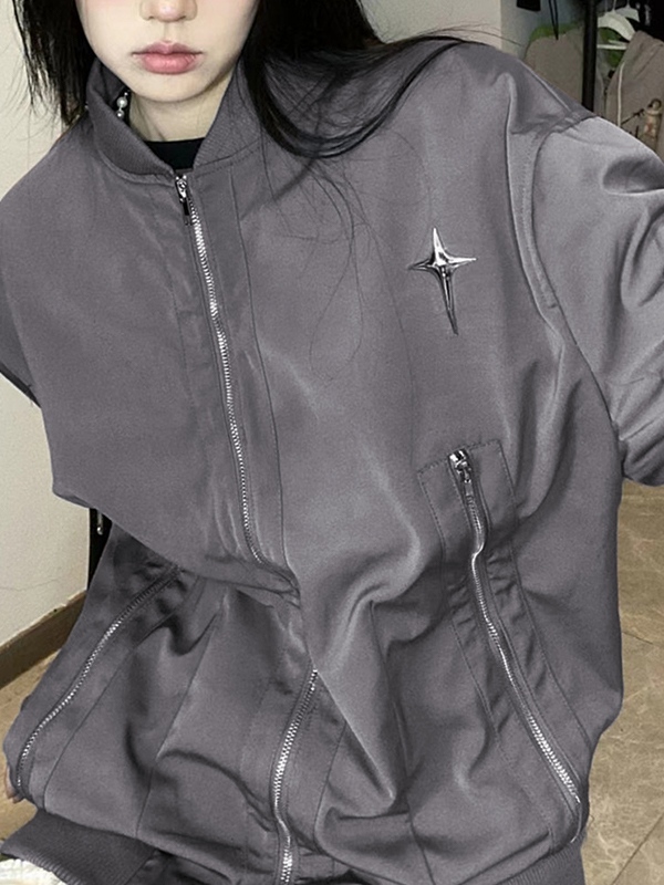 Solid Color Metal Star Decor Bomber Jacket-2