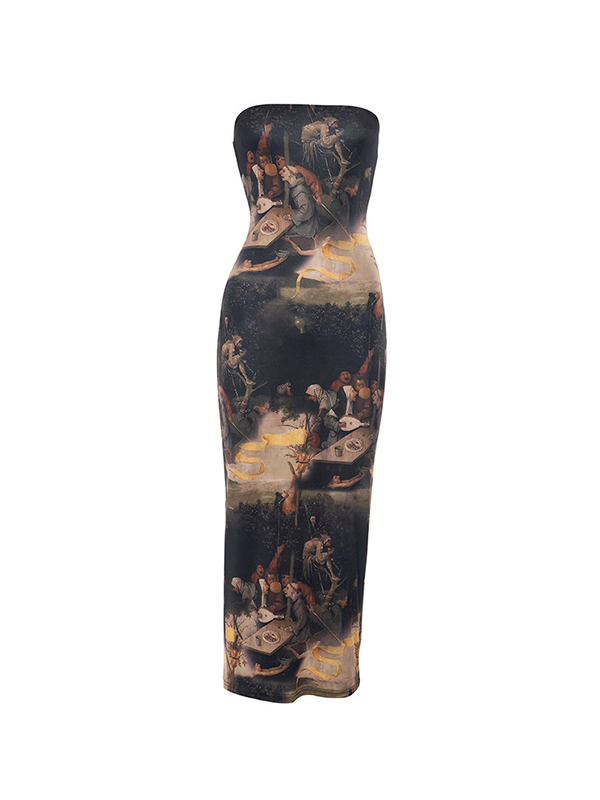 Vintage Painting Print Bandeau Slim Midi Dress-3