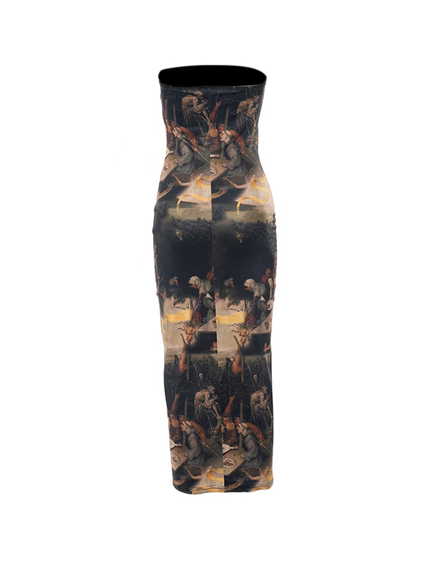 Vintage Painting Print Bandeau Slim Midi Dress-4