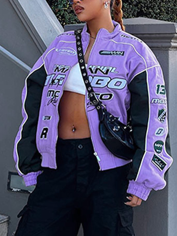 Color Block Splice Print Motorcycle Jacket-1