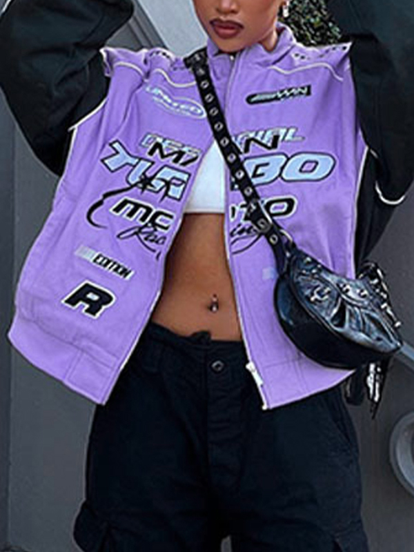 Color Block Splice Print Motorcycle Jacket-3