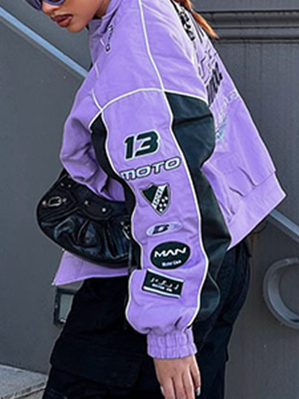 Color Block Splice Print Motorcycle Jacket-2