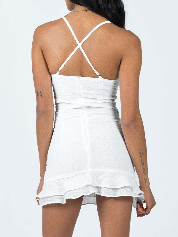 Solid V Neck Textured Ruffle Hem Mini Dress-4