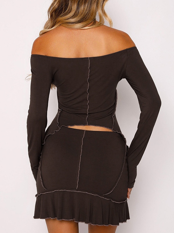 Off Shoulder Top-stitching Cropped Tee&Mini Skirt Set-2