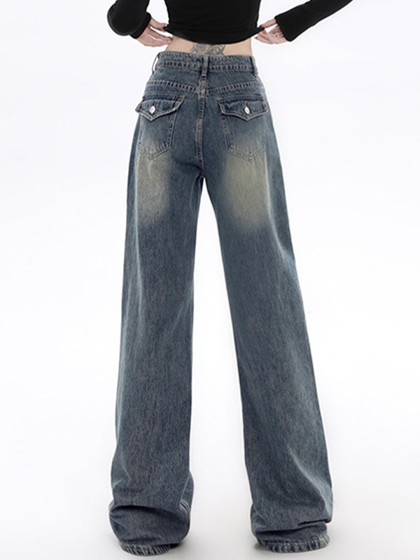 Vintage Blue Flap Detail Boyfriend Jeans-4