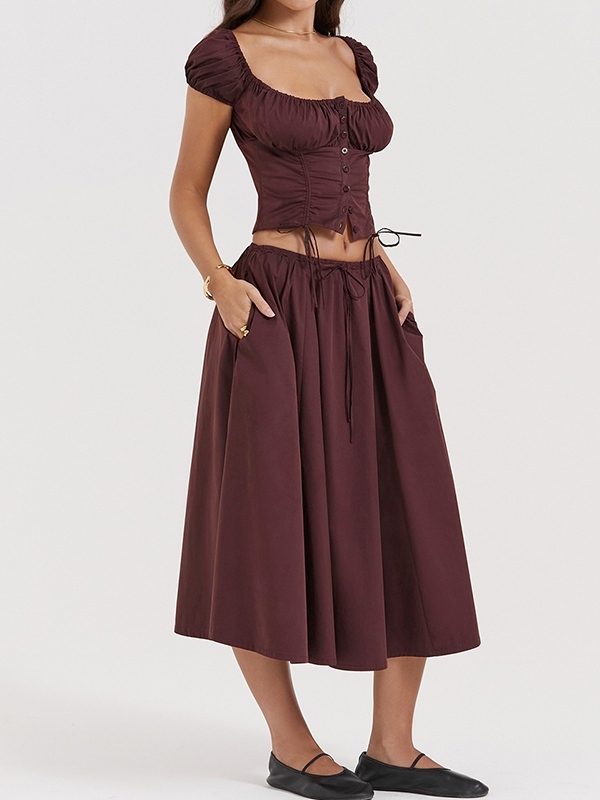 Solid Drawstring Puff Sleeve Cropped Tee&Midi Skirt Set-1