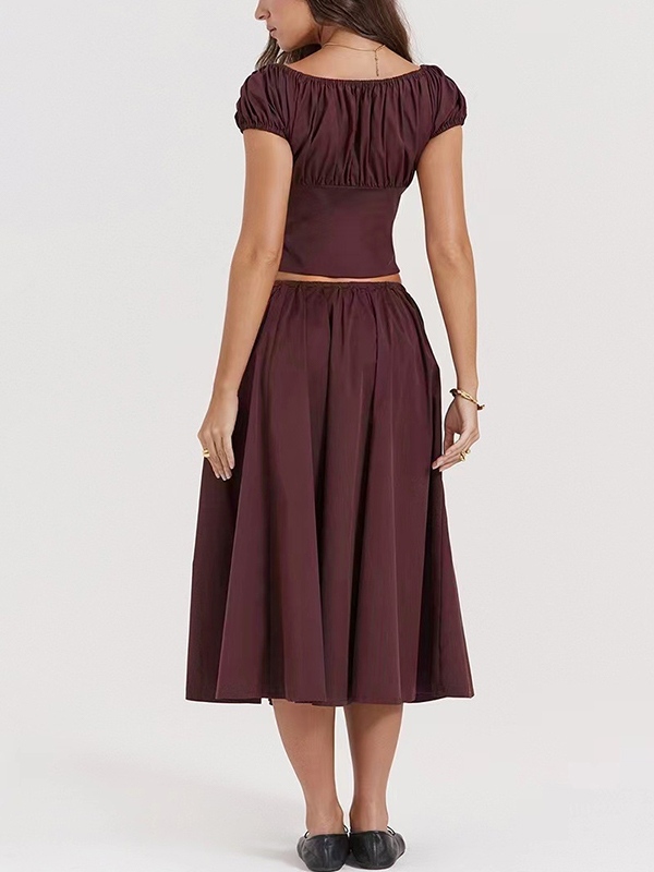 Solid Drawstring Puff Sleeve Cropped Tee&Midi Skirt Set-3