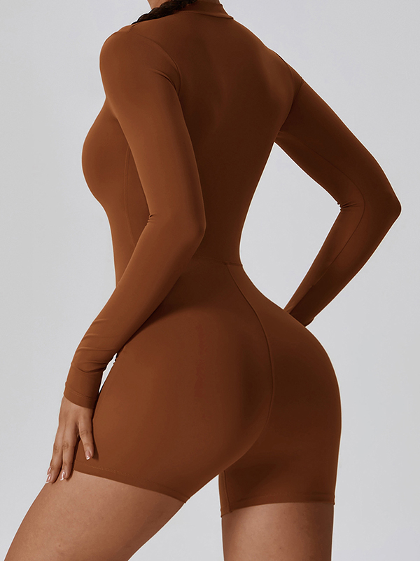 Sporty Solid Zip Up Long Sleeve Romper-2