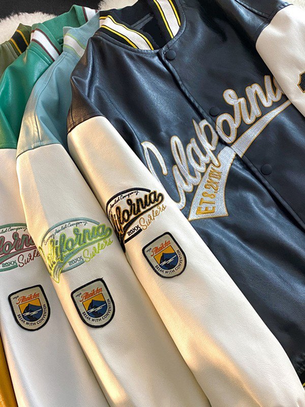 Men's Embroidered Pu Leather Varsity Jacket-4