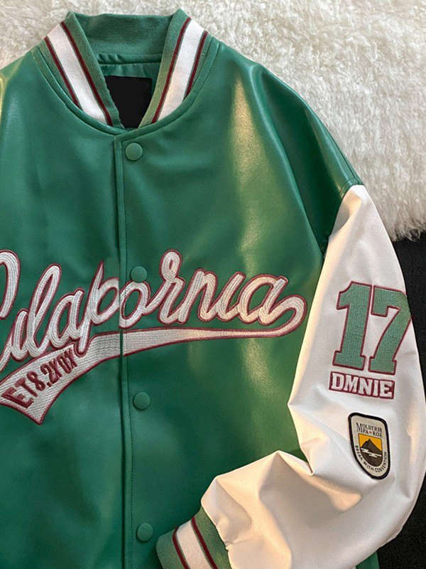 Men's Embroidered Pu Leather Varsity Jacket-2