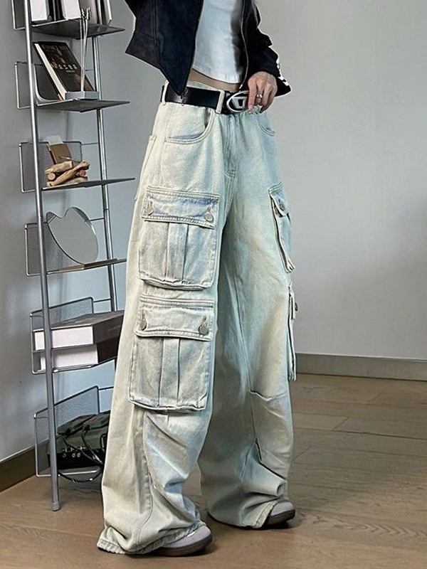 Hip Pop Multi Pocket High Rise Cargo Jeans-2