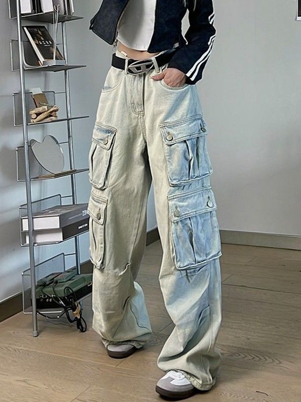 Hip Pop Multi Pocket High Rise Cargo Jeans-1