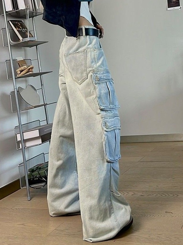 Hip Pop Multi Pocket High Rise Cargo Jeans-3