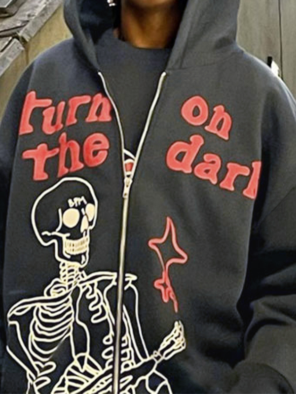 Men's Letter Skull Graphic Zip Up Hoodie-3