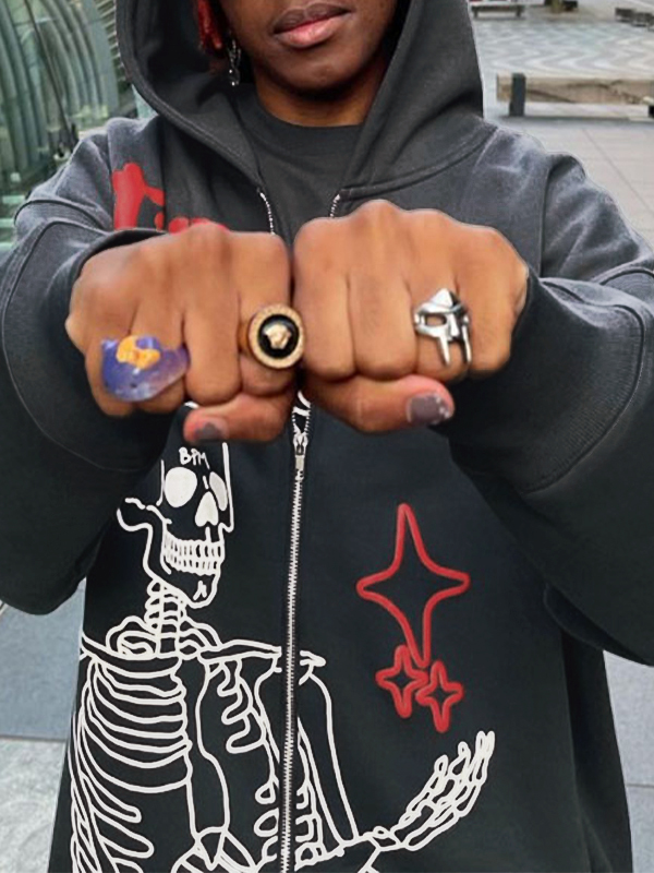 Men's Letter Skull Graphic Zip Up Hoodie-1