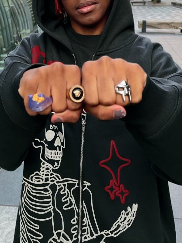 Men's Letter Skull Graphic Zip Up Hoodie-4