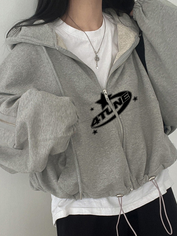 Star Letter Print Zipper Drawstring Hem Oversized Hoodie-1