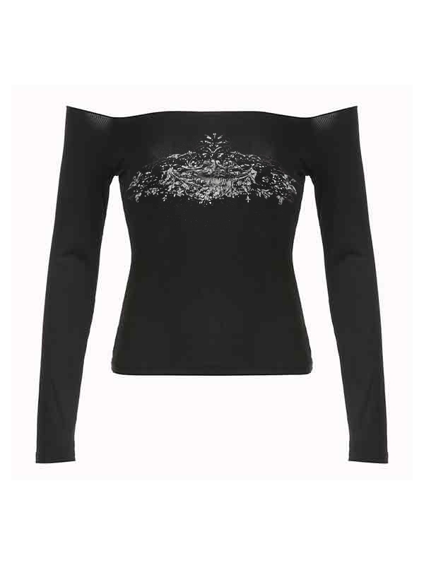 Off Shoulder Floral Print Long Sleeve Tee-3