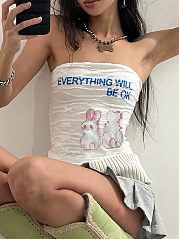 Textured Letter Cartoon Print Bandeau Top-2