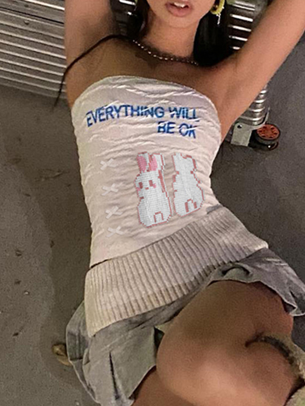 Textured Letter Cartoon Print Bandeau Top-3