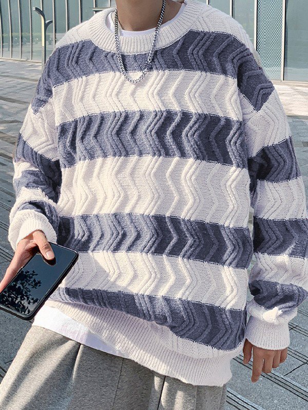 Men's Textured Striped Pullover Sweater-2
