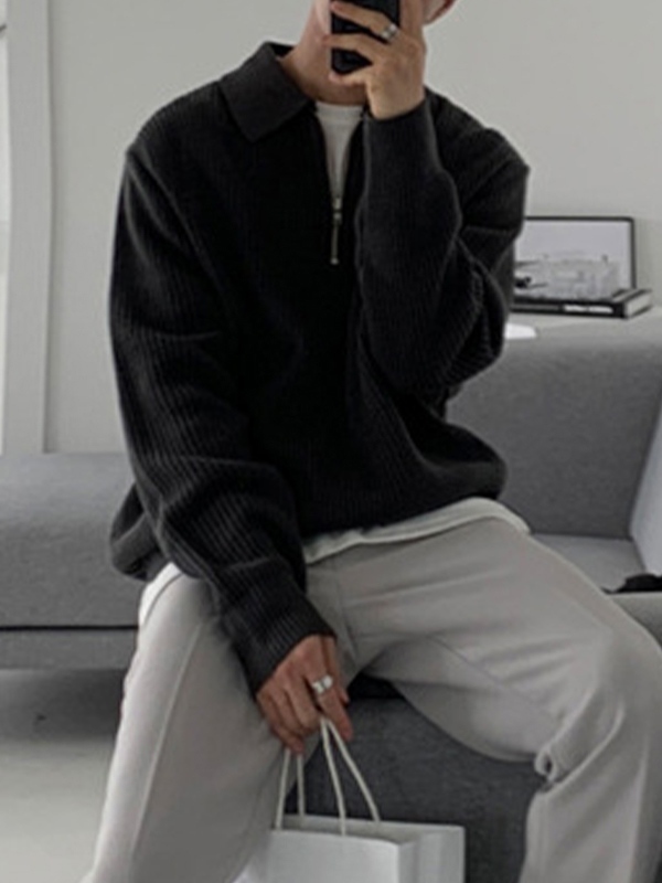 Men's Knit Half Zip Lapel Sweater-4