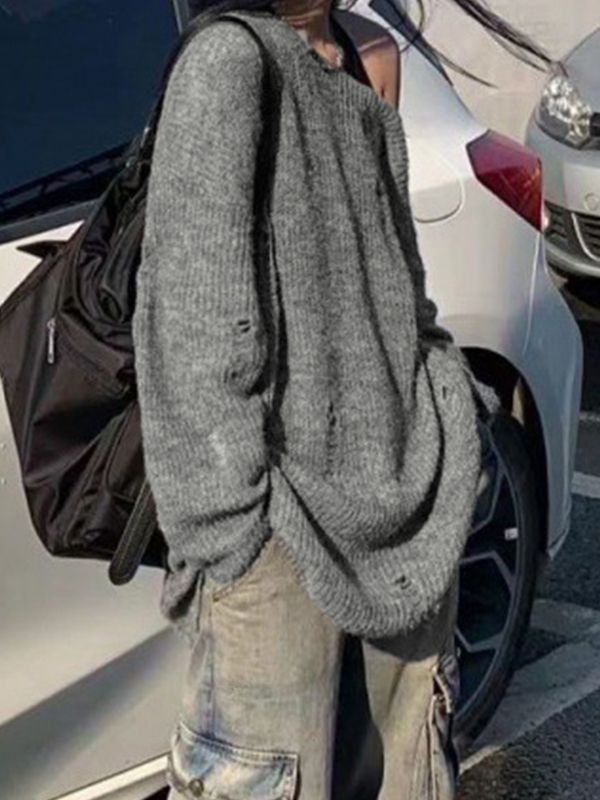 Cutout Tattered Baggy Thin Long Sleeve Knit-2