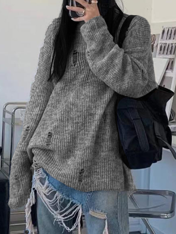 Cutout Tattered Baggy Thin Long Sleeve Knit-1