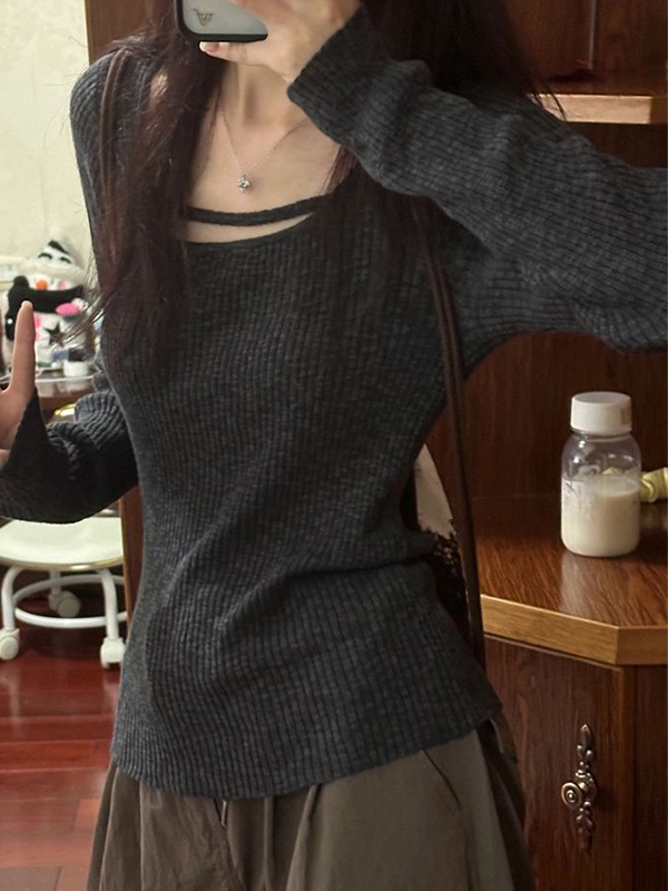 Solid Rib Slim Long Sleeve Knit-2