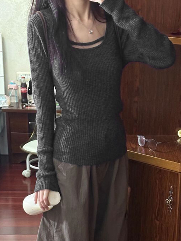 Solid Rib Slim Long Sleeve Knit-3