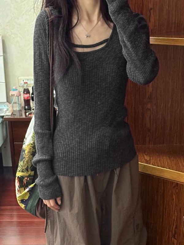 Solid Rib Slim Long Sleeve Knit-4