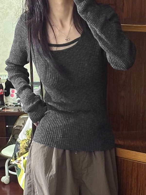 Solid Rib Slim Long Sleeve Knit-1