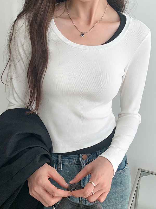 Contrast Color Fake Two Piece Long Sleeve Knit-1