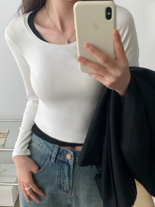 Contrast Color Fake Two Piece Long Sleeve Knit-3