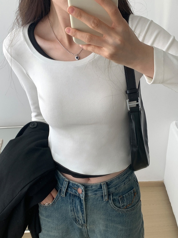 Contrast Color Fake Two Piece Long Sleeve Knit-2