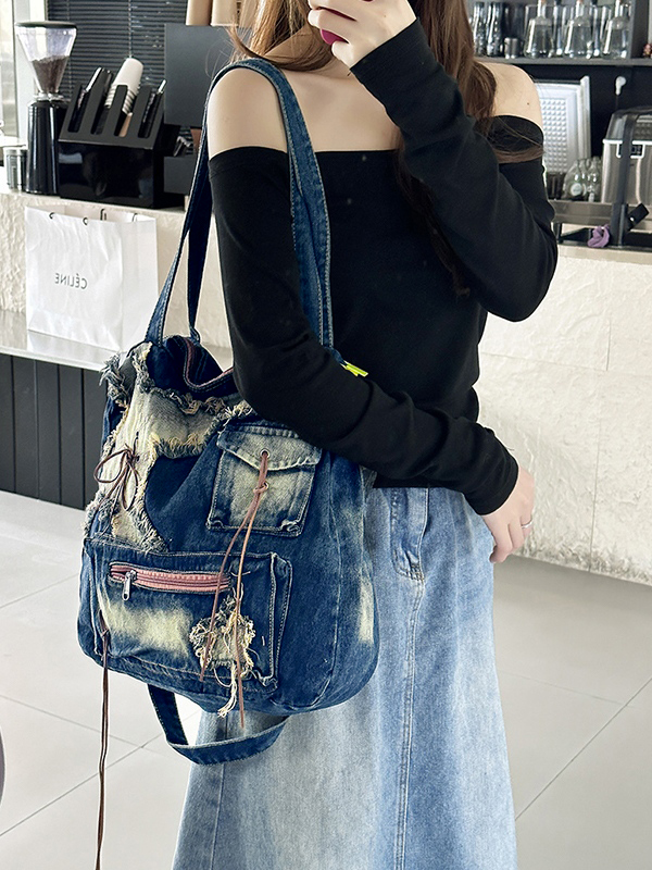 Vintage Distressed Raw Flap Zip Up Detail Shoulder Bag-3