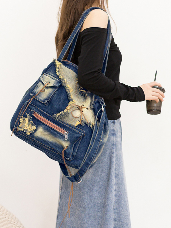 Vintage Distressed Raw Flap Zip Up Detail Shoulder Bag-4