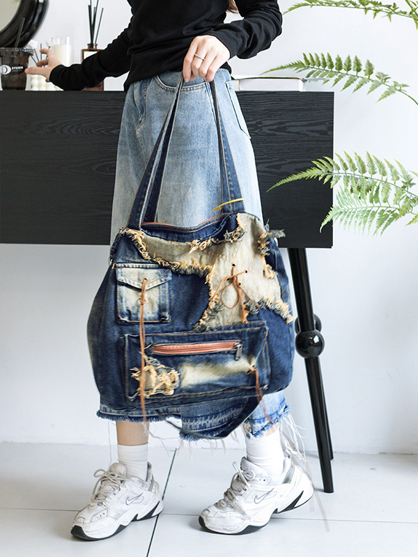 Vintage Distressed Raw Flap Zip Up Detail Shoulder Bag-5