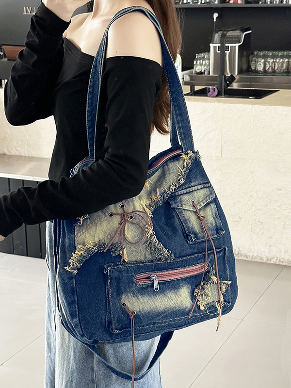 Vintage Distressed Raw Flap Zip Up Detail Shoulder Bag-2