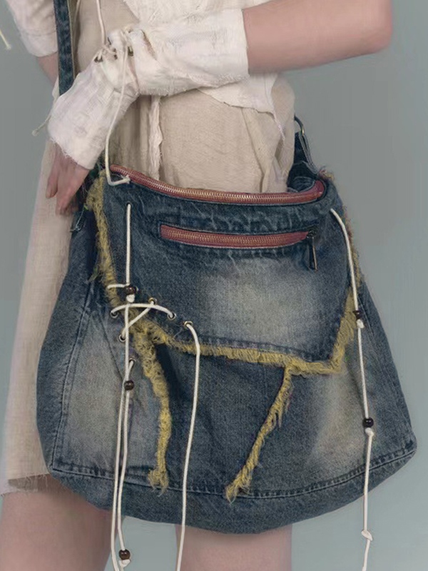 Y2K Denim Raw Detail Zip Up Tie Front Crossbody Bag-2