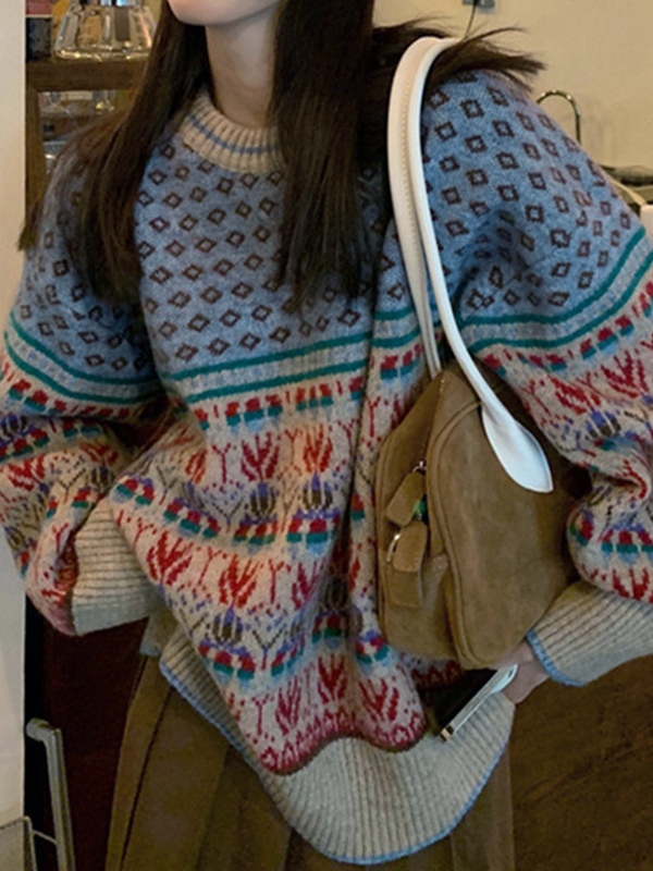 Vintage Jacquard Splice Knit Sweater-2