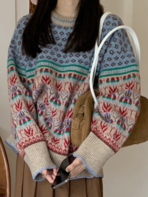 Vintage Jacquard Splice Knit Sweater-3